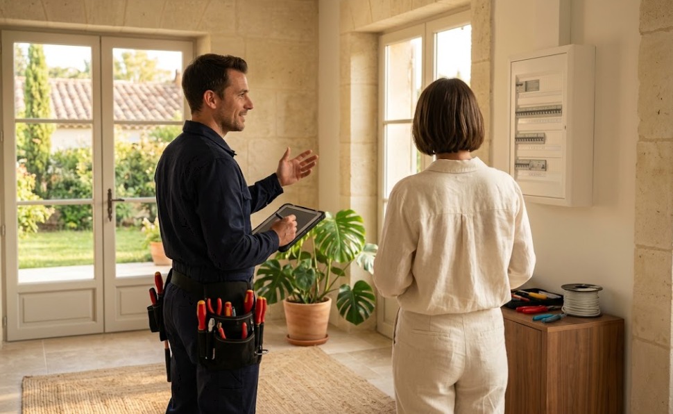 Électricien intervenant chez un client à Nîmes