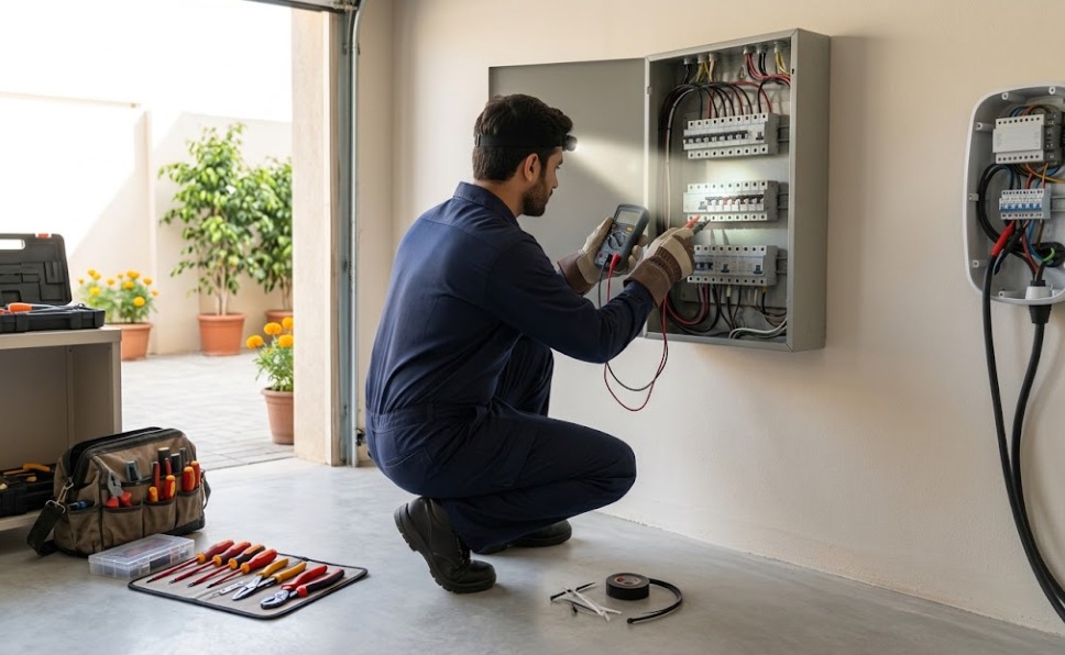 Électricien réalisant un dépannage sur un tableau électrique