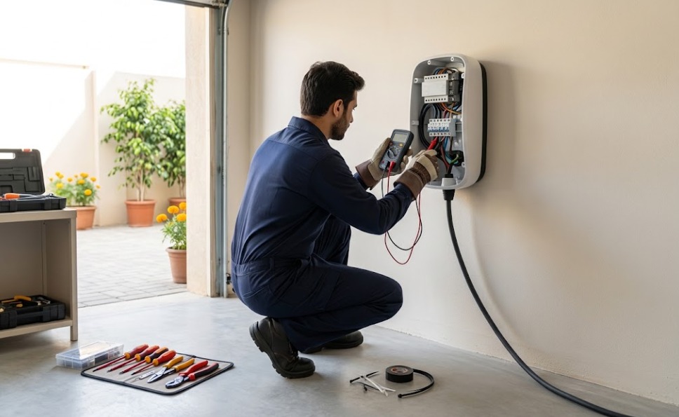 Électricien qualifié IRVE installant une borne de recharge