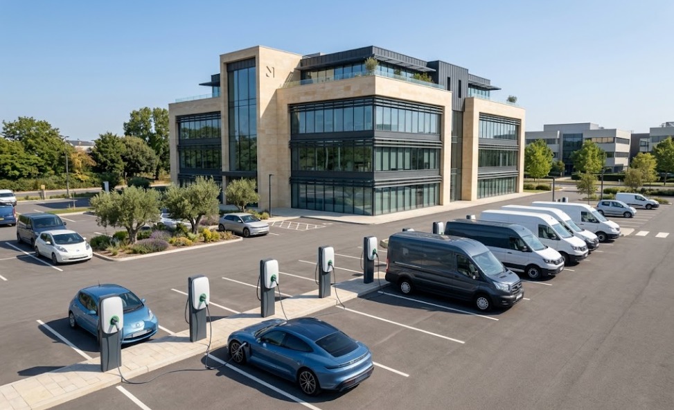 Bornes de recharge sur un parking d'entreprise