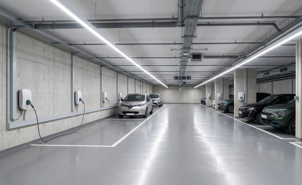 Bornes de recharge dans un parking de copropriété